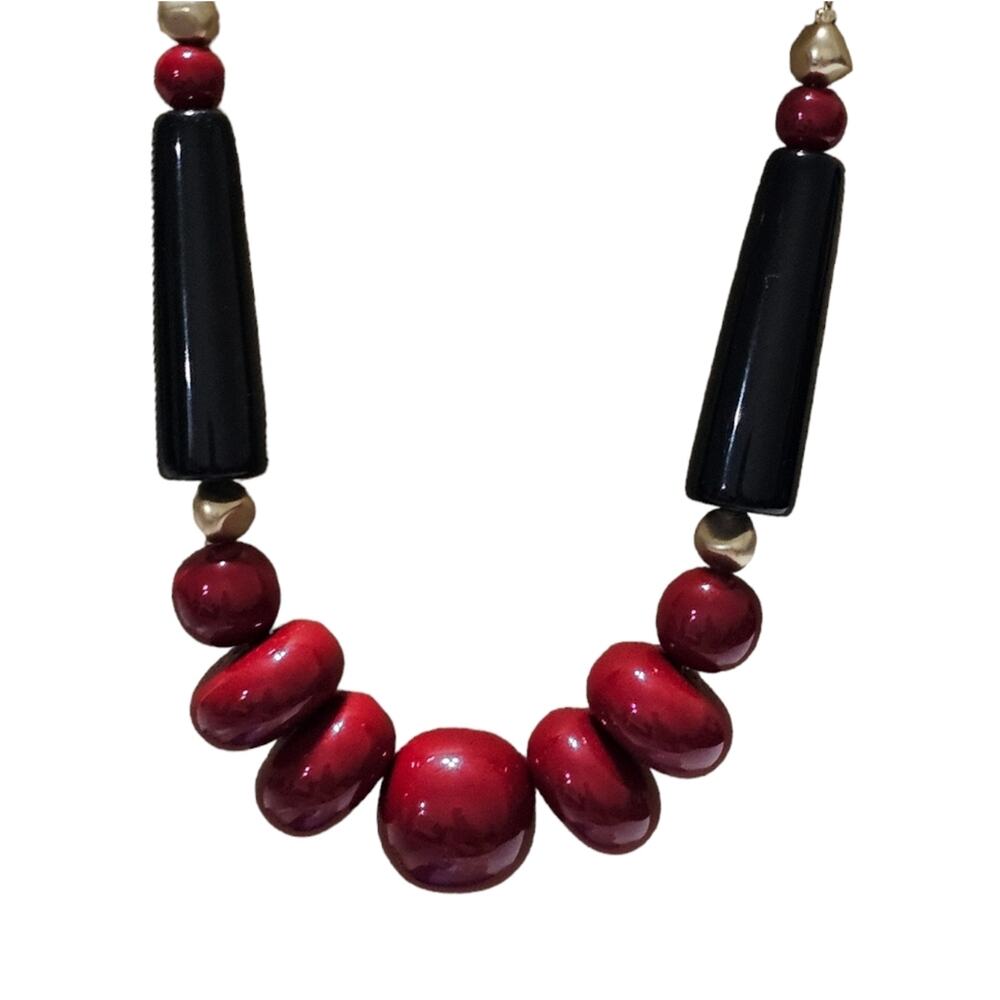 Chico's Maroon and Black Gold Tone Ball Necklace New!